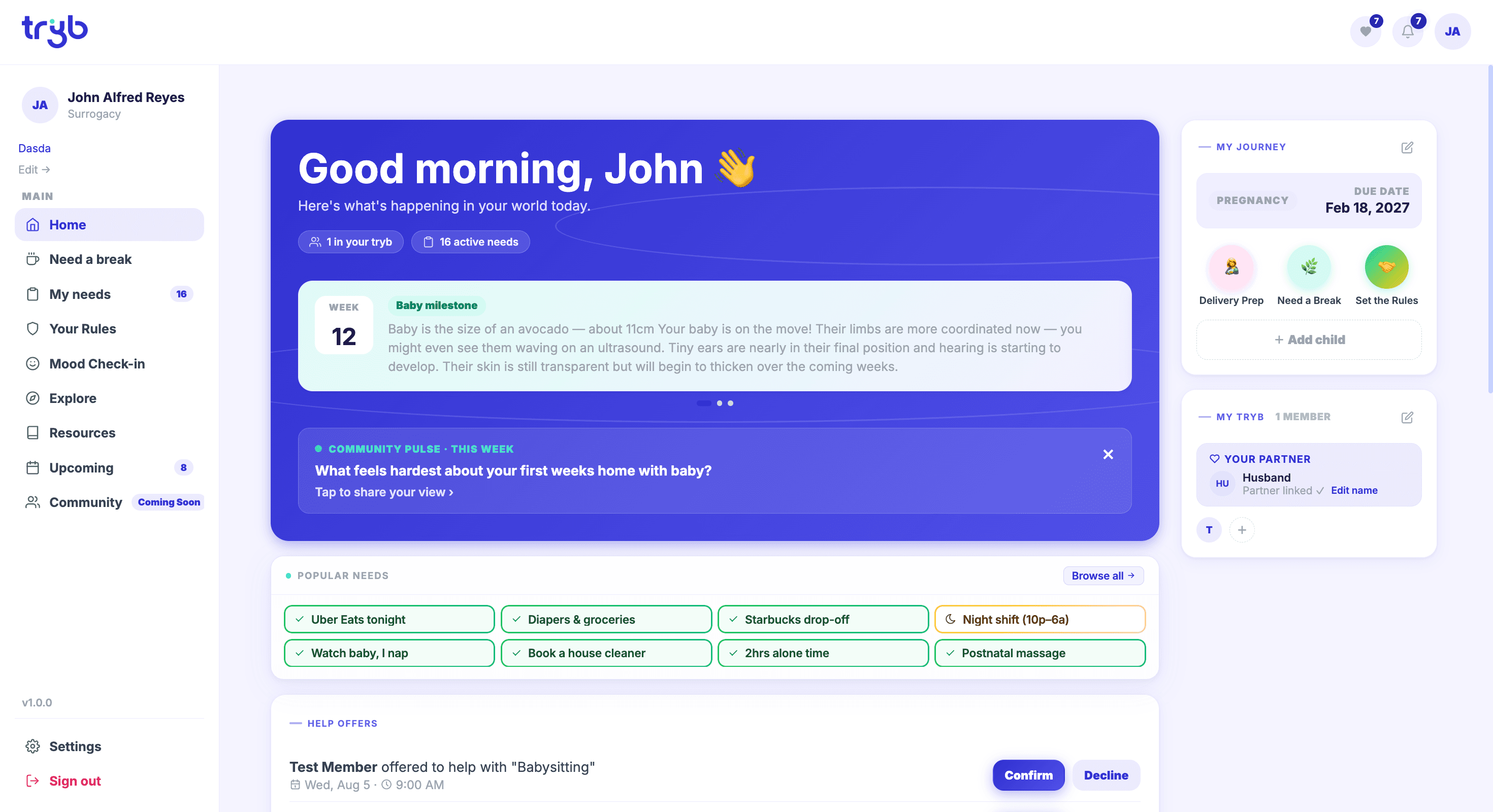 Tryb main interface - Tryb is a parenting app that helps parents track their child's development and milestones, and provides resources and support for parents.