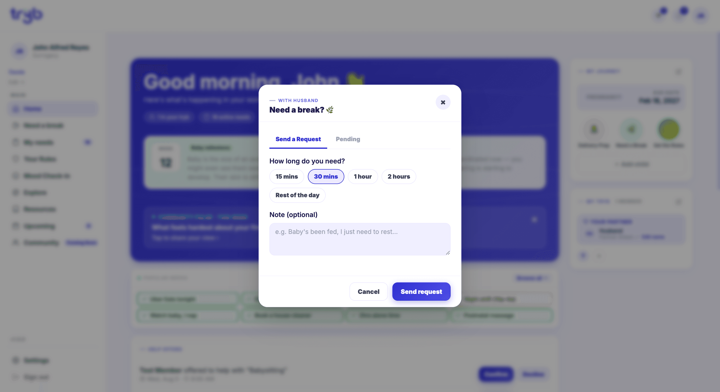 Tryb dashboard view - Tryb is a parenting app that helps parents track their child's development and milestones, and provides resources and support for parents.