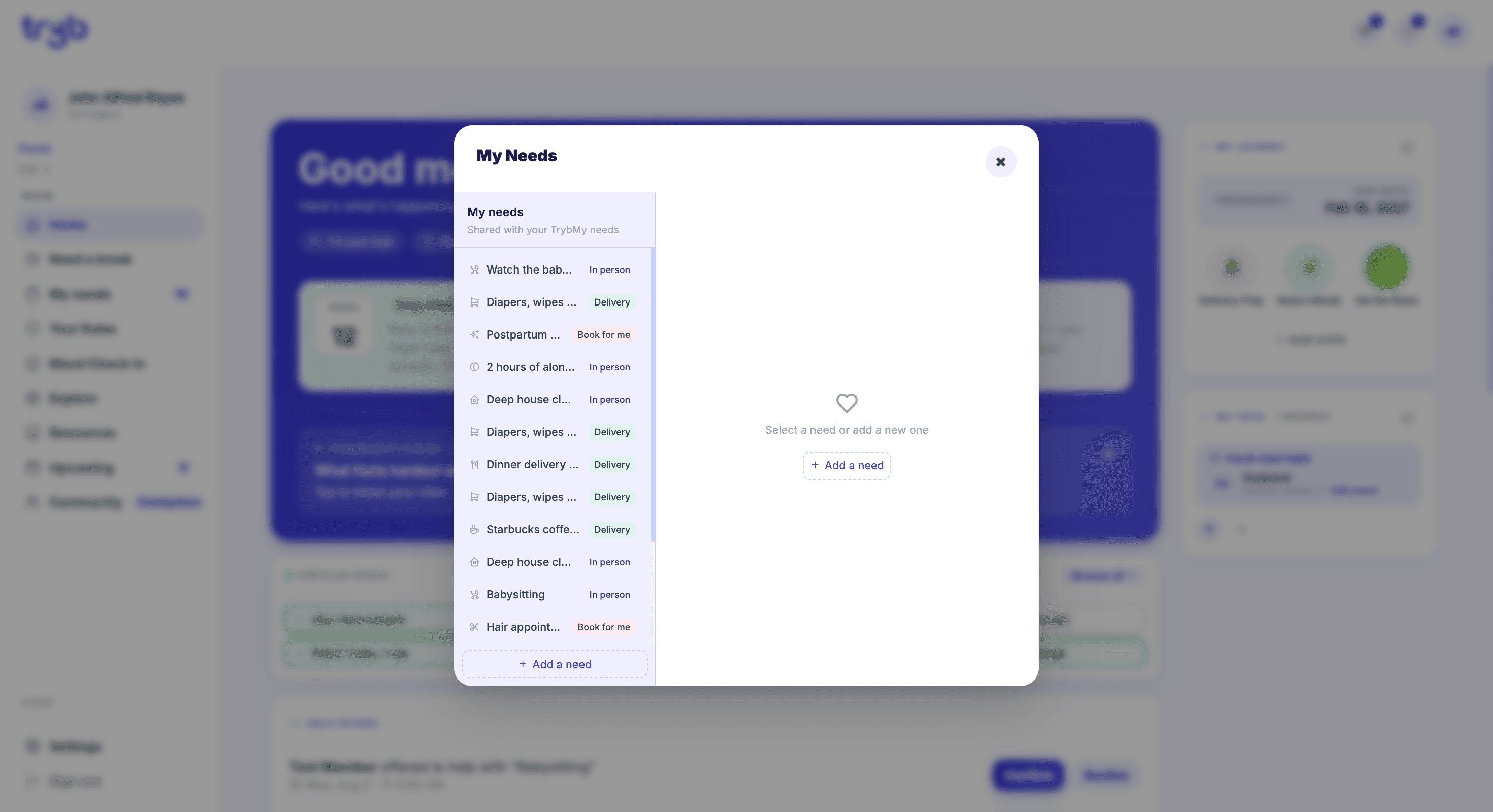Tryb user interface - Tryb is a parenting app that helps parents track their child's development and milestones, and provides resources and support for parents.