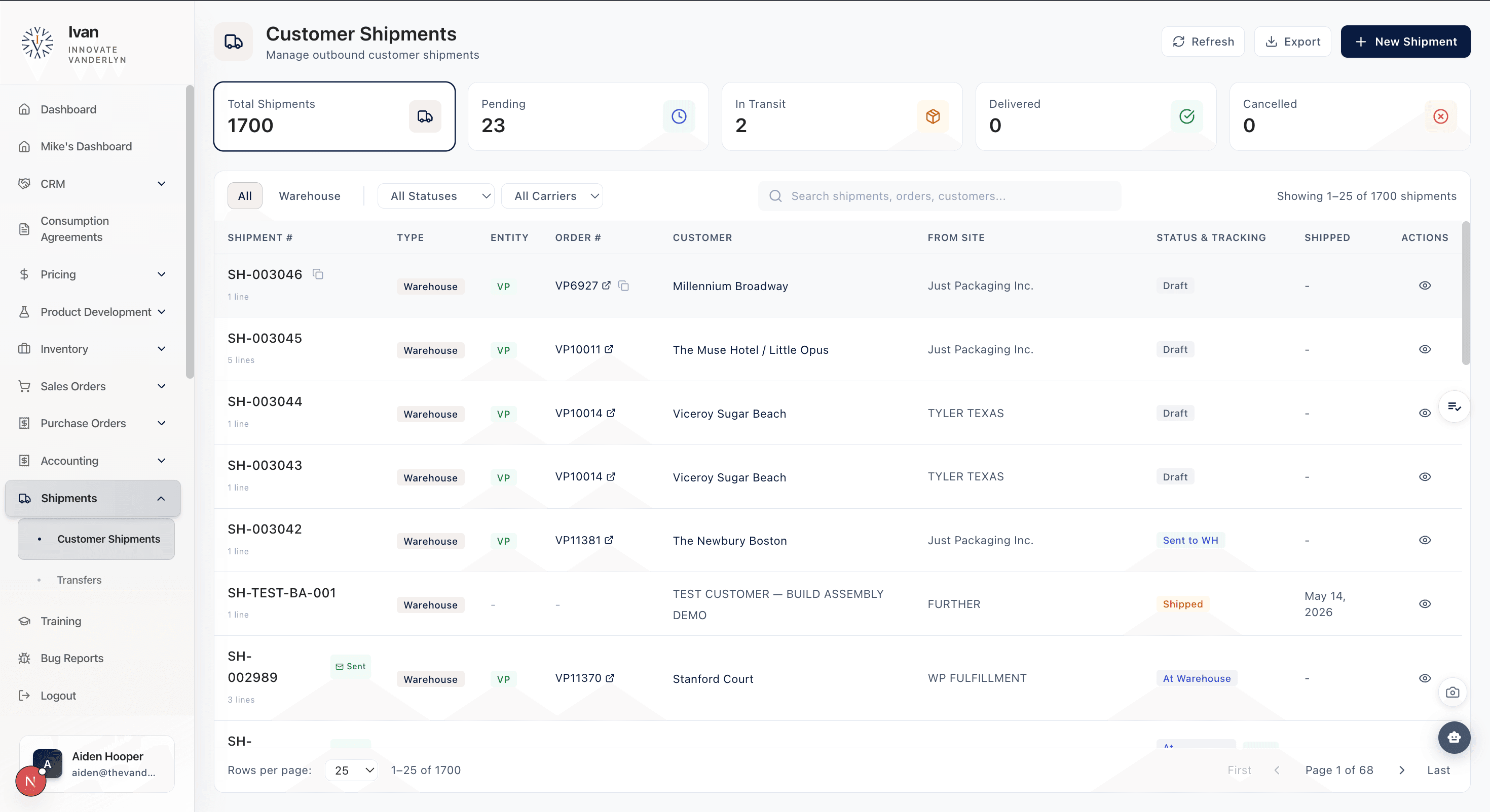 The Vanderlyn ERP screenshot - Custom ERP system for a local business that manages their inventory, sales, and accounting.