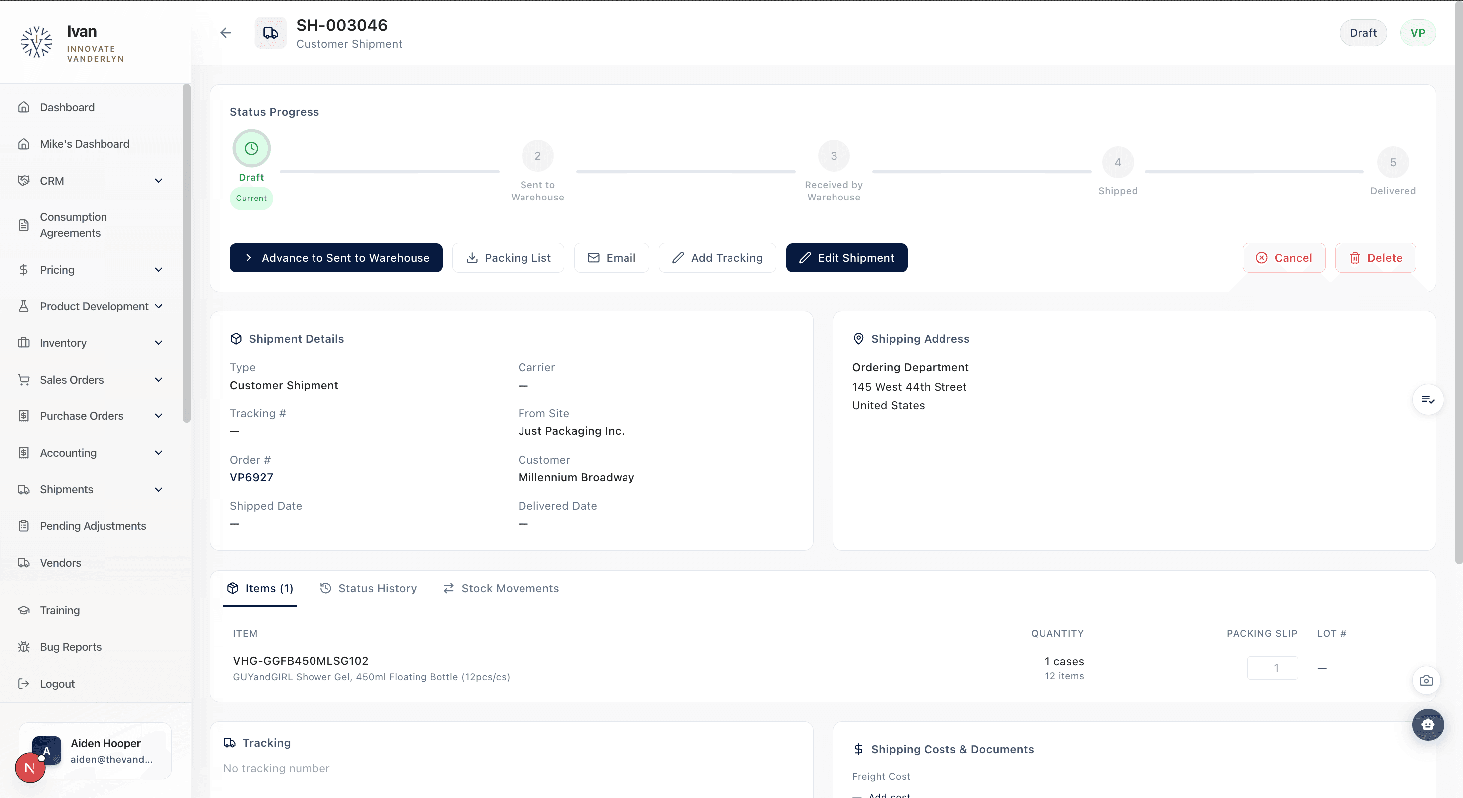 The Vanderlyn ERP screenshot - Custom ERP system for a local business that manages their inventory, sales, and accounting.