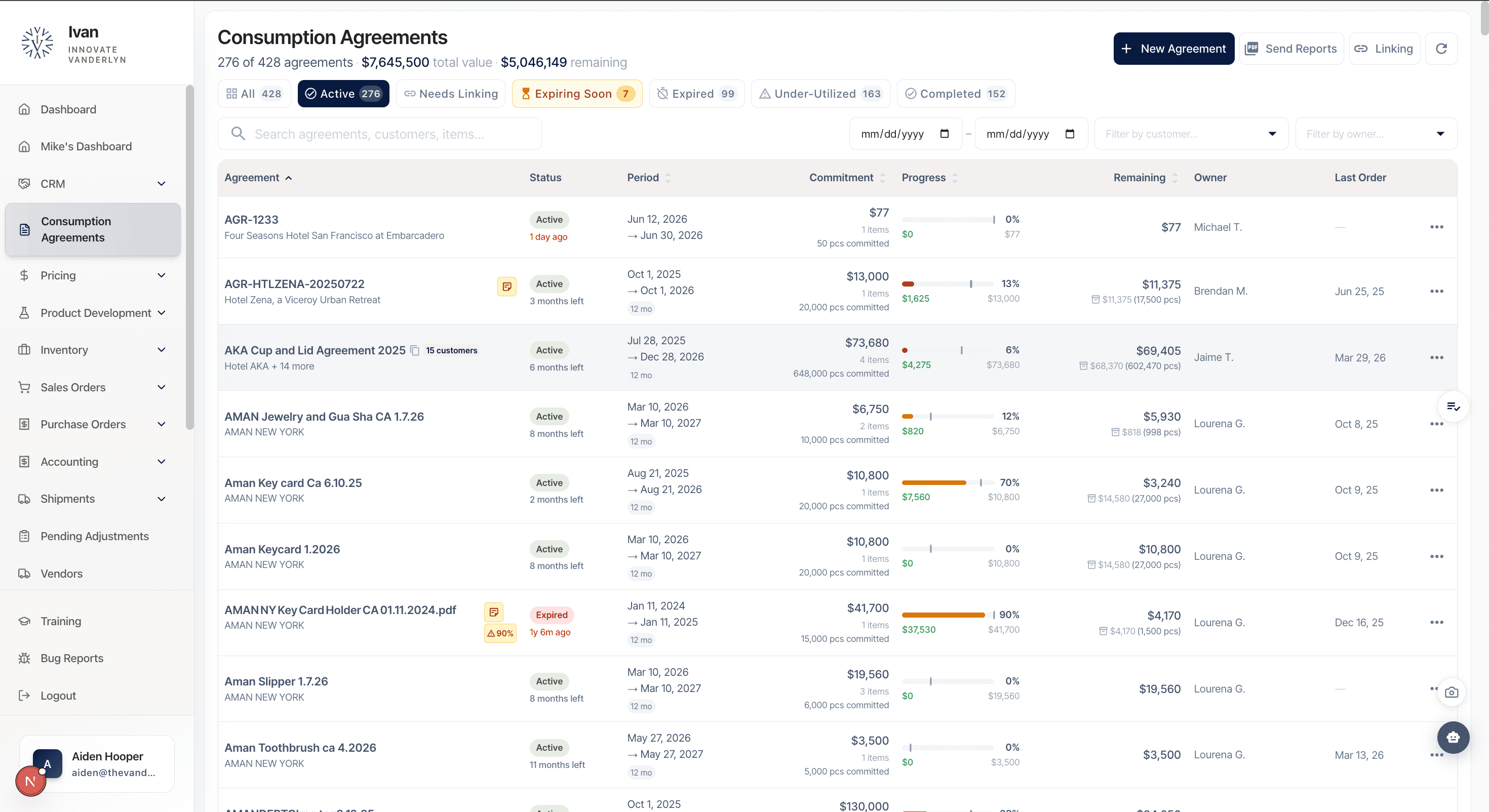 The Vanderlyn ERP dashboard view - Custom ERP system for a local business that manages their inventory, sales, and accounting.
