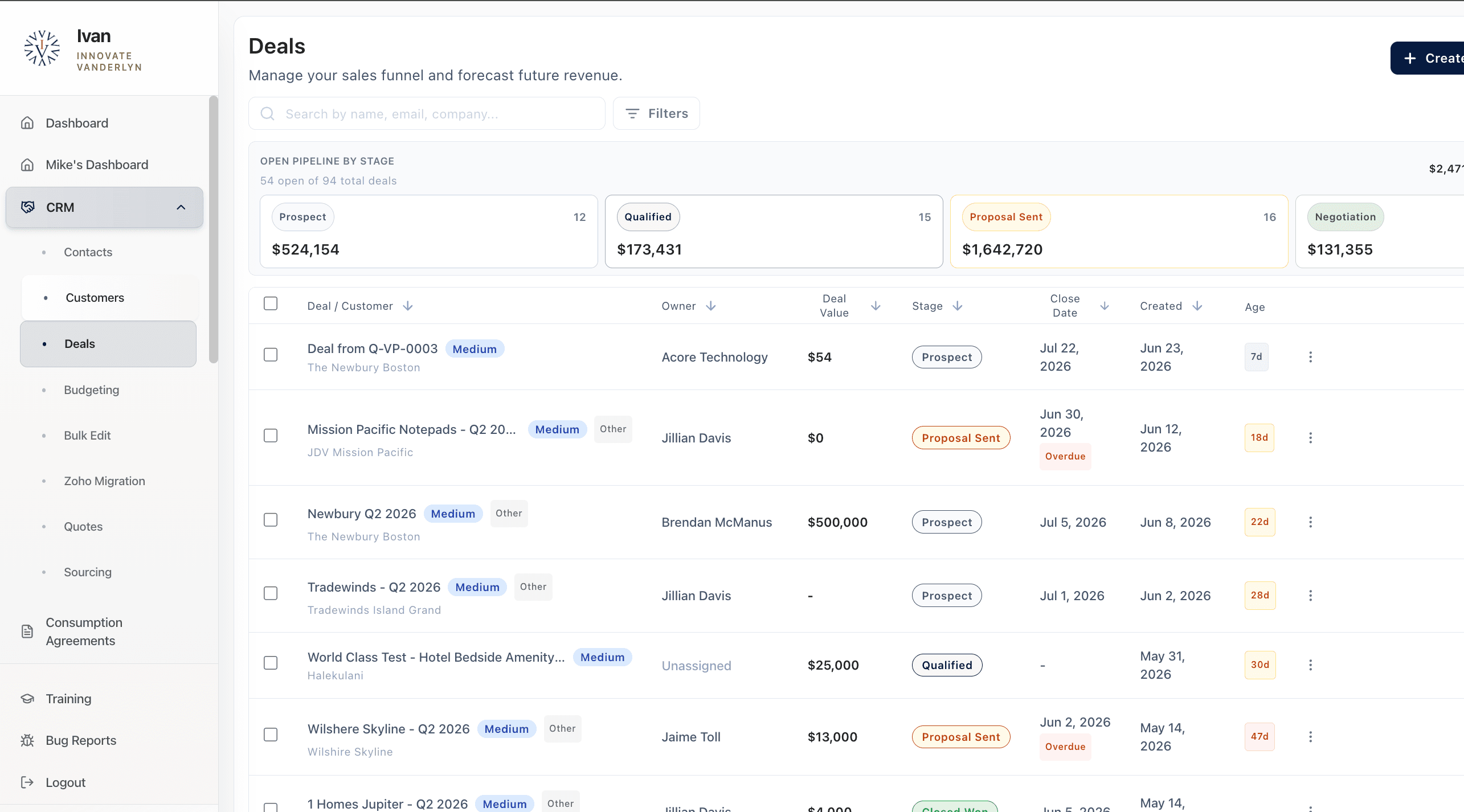 The Vanderlyn ERP user interface - Custom ERP system for a local business that manages their inventory, sales, and accounting.
