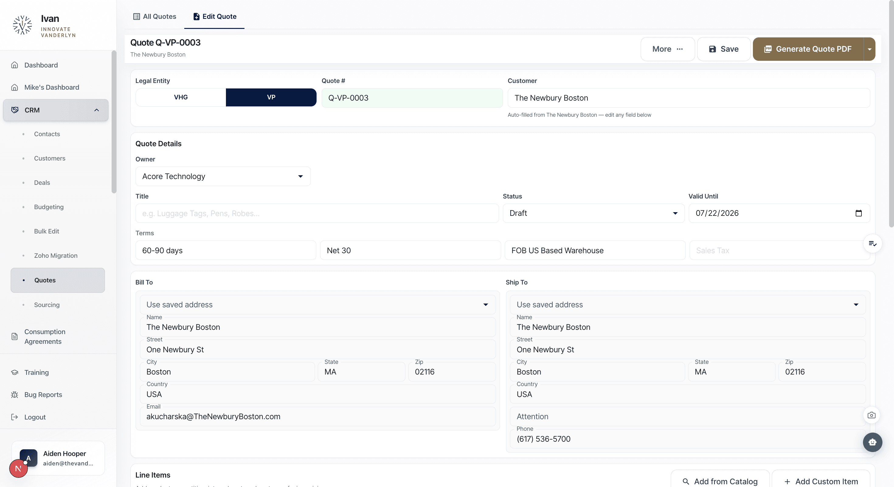 The Vanderlyn ERP detailed view - Custom ERP system for a local business that manages their inventory, sales, and accounting.