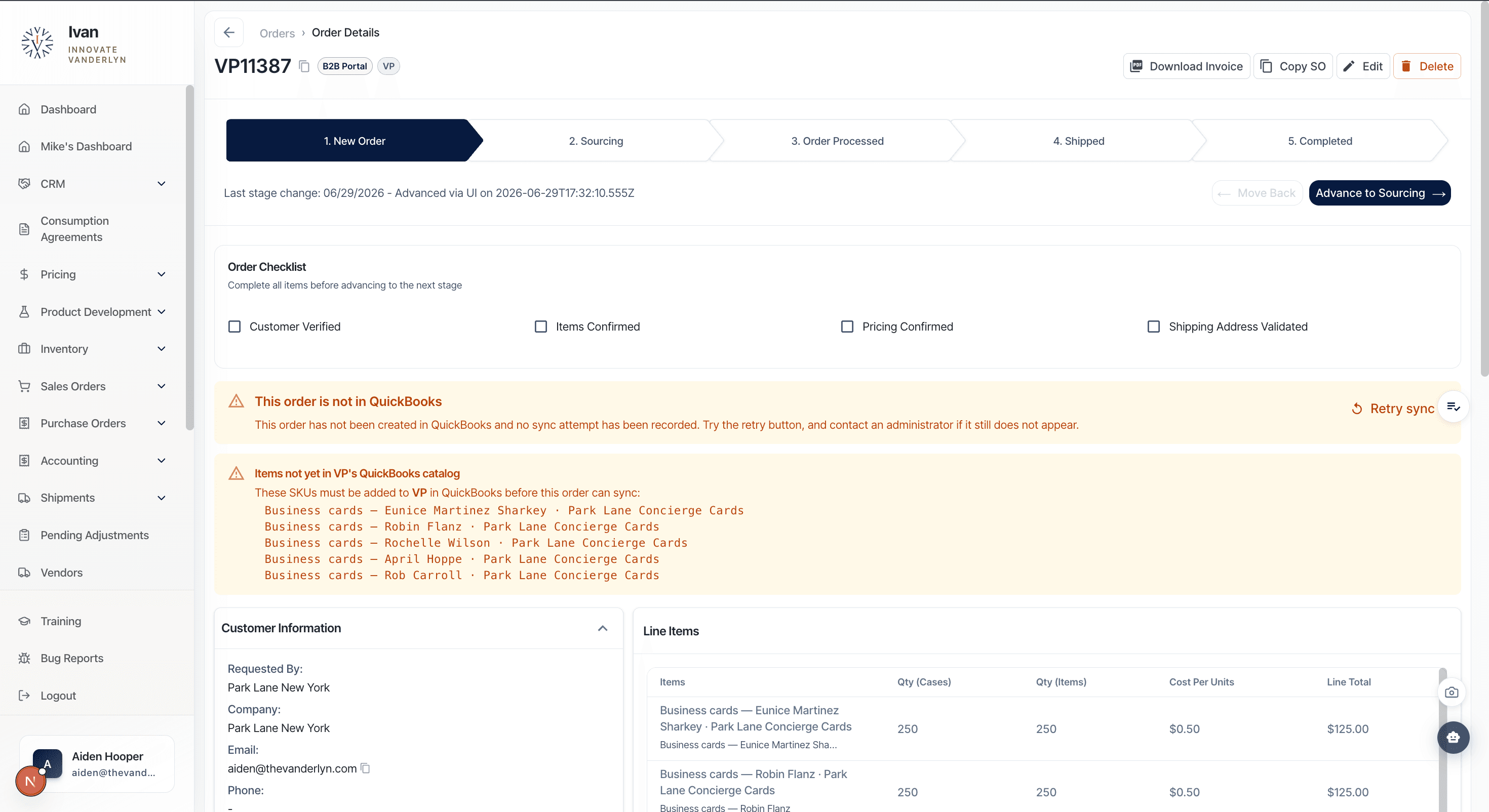 The Vanderlyn ERP screenshot - Custom ERP system for a local business that manages their inventory, sales, and accounting.